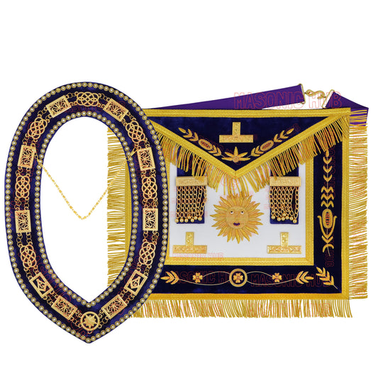 Masonic Past Master Apron & Chain Collar Set - Sun Emblem - Wine Work - Hand-Embroidered Lambskin - Purple Velvet - Freemason Regalia