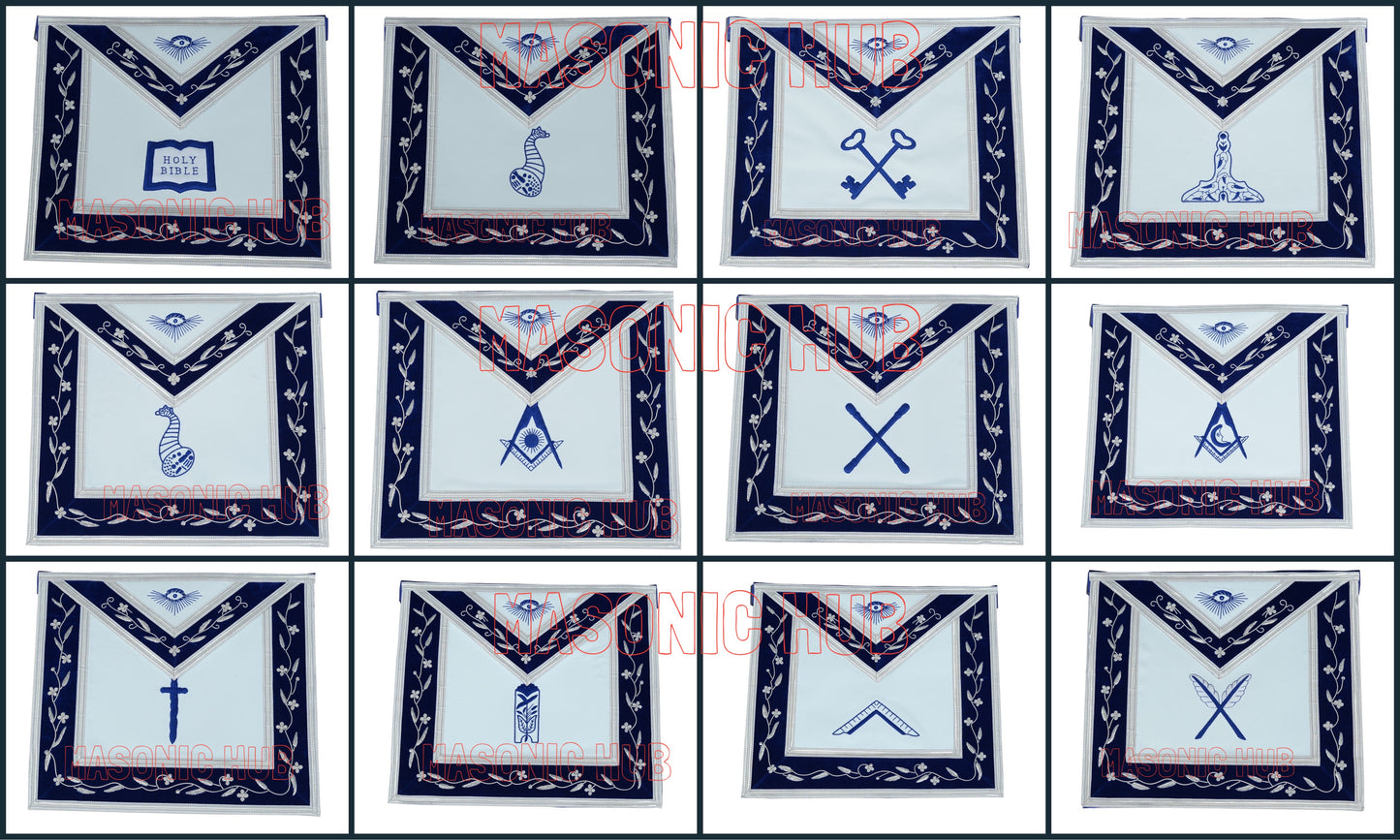 Masonic Blue Lodge Officer Apron Set – 12 Piece 100% Lambskin Regalia with Embroidered Border