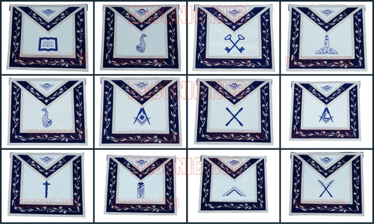 Masonic Blue Lodge Officer Apron Set – 12 Piece – 100% Lambskin – Hand Embroidered