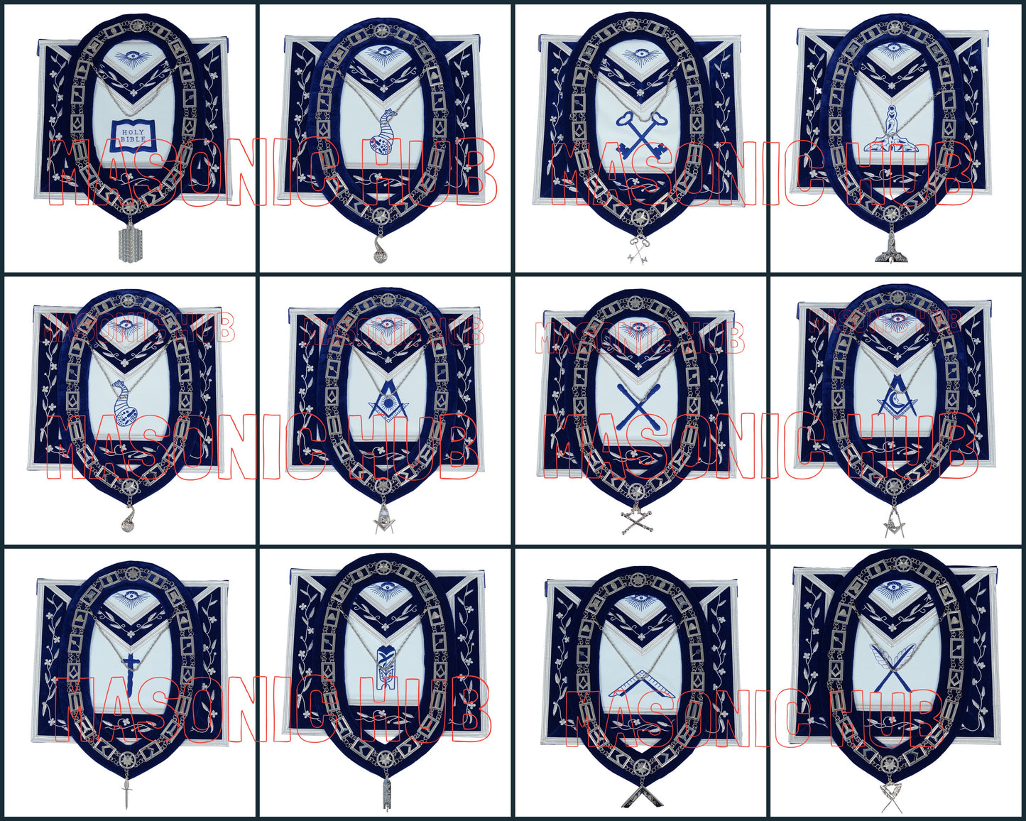 Masonic Blue Lodge Officer Apron Set – 12 Piece 100% Lambskin Regalia with Embroidered Border