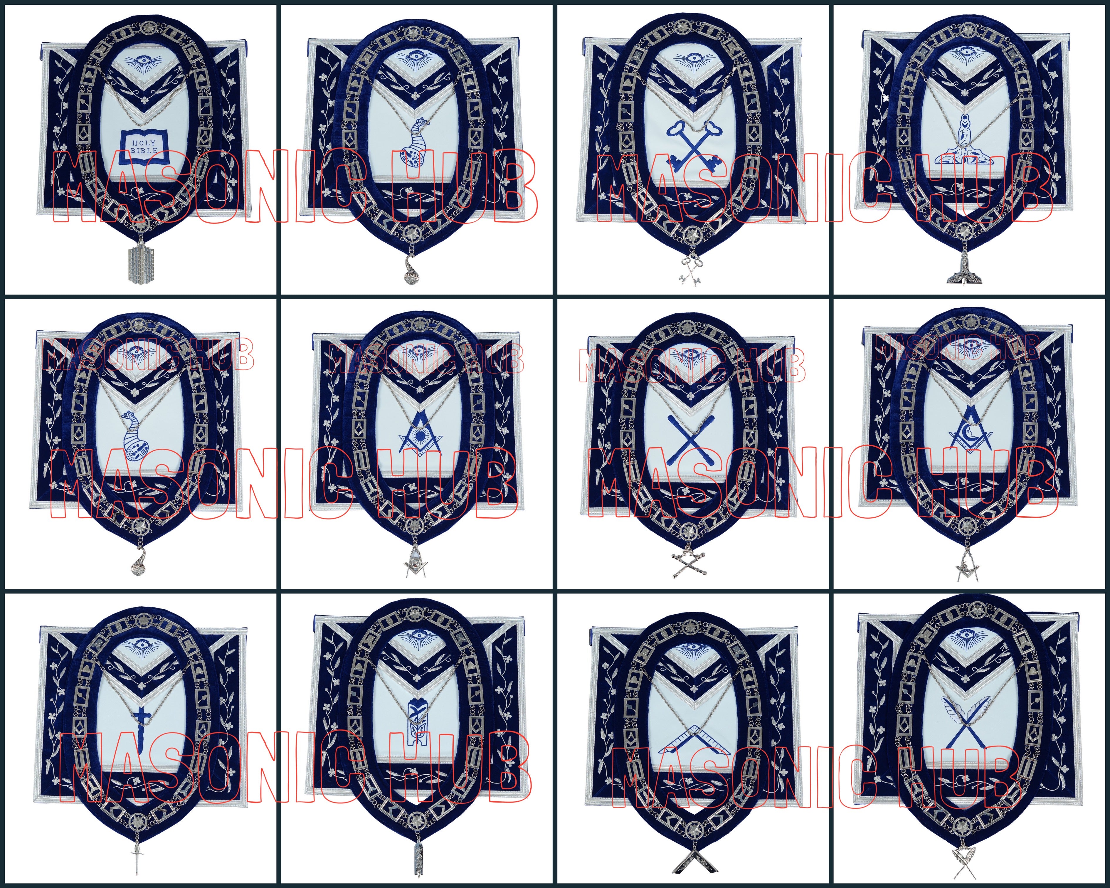 Masonic Blue Lodge Officer Apron Set – 12 Piece 100% Lambskin Regalia with Embroidered Border