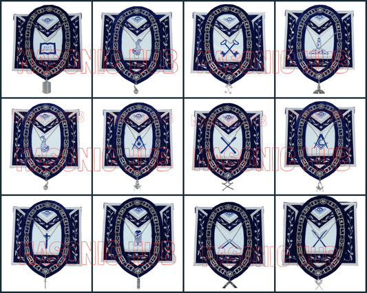 Masonic Blue Lodge Officer Apron Set – 12 Piece 100% Lambskin Regalia with Embroidered Border