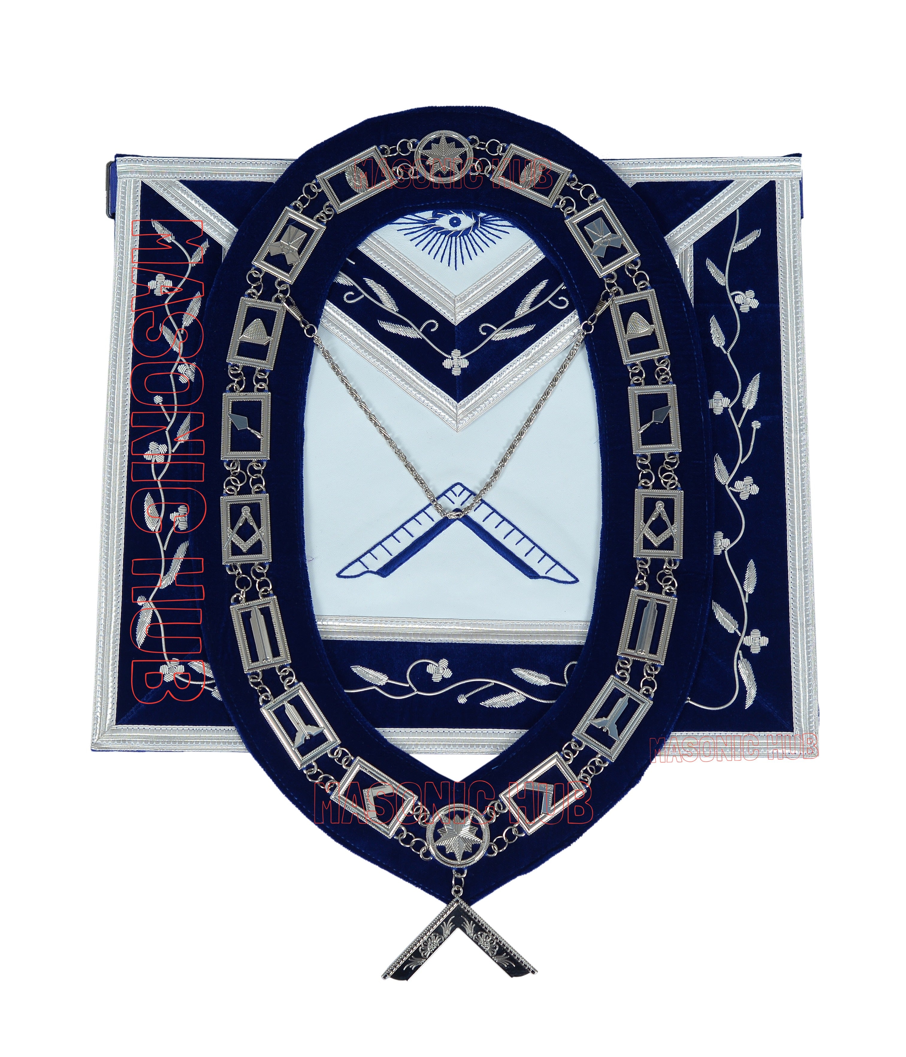 Freemason Blue Lodge Worshipful Master Apron 100% Lambskin Leather with Chain Collar & Jewel – Masonic Officer Regalia