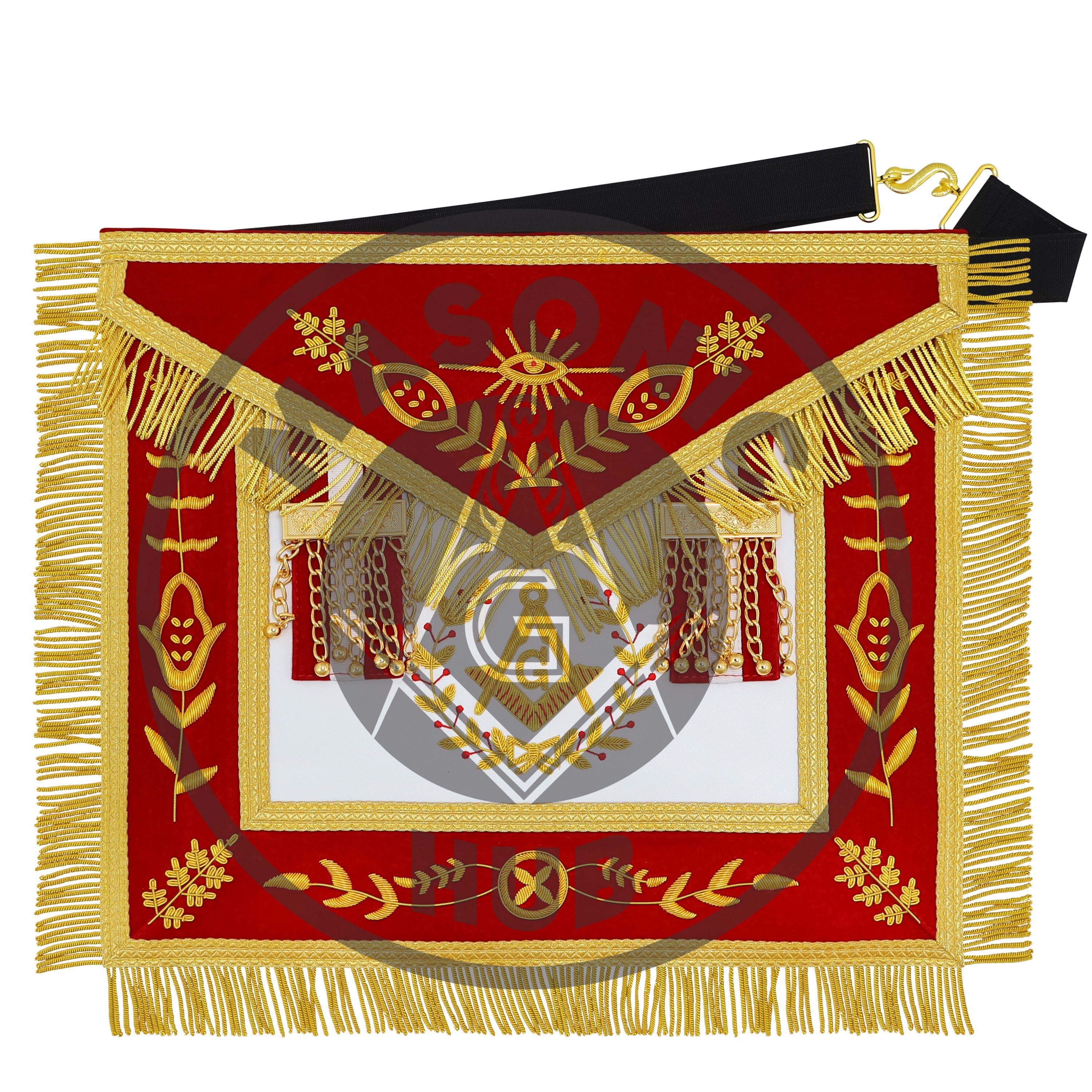 Master Mason Scottish Rite Apron – Red Velvet with Gold Bullion Embroidery, Gold Tassel with Red-White-Red Velvet Drops & Skull Lining | Masonic Hub Masonic Hub