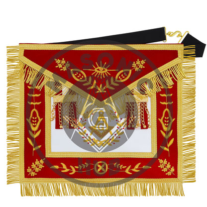 Master Mason Scottish Rite Apron – Red Velvet with Gold Bullion Embroidery, Gold Tassel with Red-White-Red Velvet Drops & Skull Lining | Masonic Hub