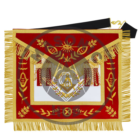 Master Mason Scottish Rite Apron – Red Velvet with Gold Bullion Embroidery, Gold Tassel with Red-White-Red Velvet Drops & Skull Lining | Masonic Hub