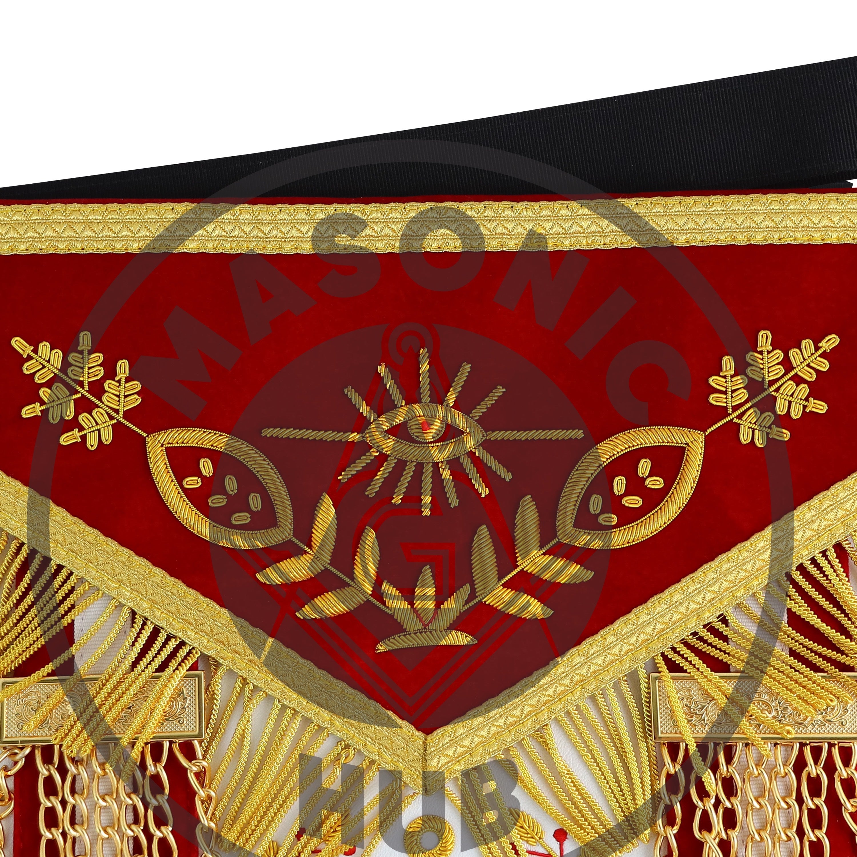 Master Mason Scottish Rite Apron – Red Velvet with Gold Bullion Embroidery, Gold Tassel with Red-White-Red Velvet Drops & Skull Lining | Masonic Hub Masonic Hub