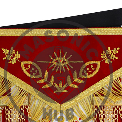 Master Mason Scottish Rite Apron – Red Velvet with Gold Bullion Embroidery, Gold Tassel with Red-White-Red Velvet Drops & Skull Lining | Masonic Hub