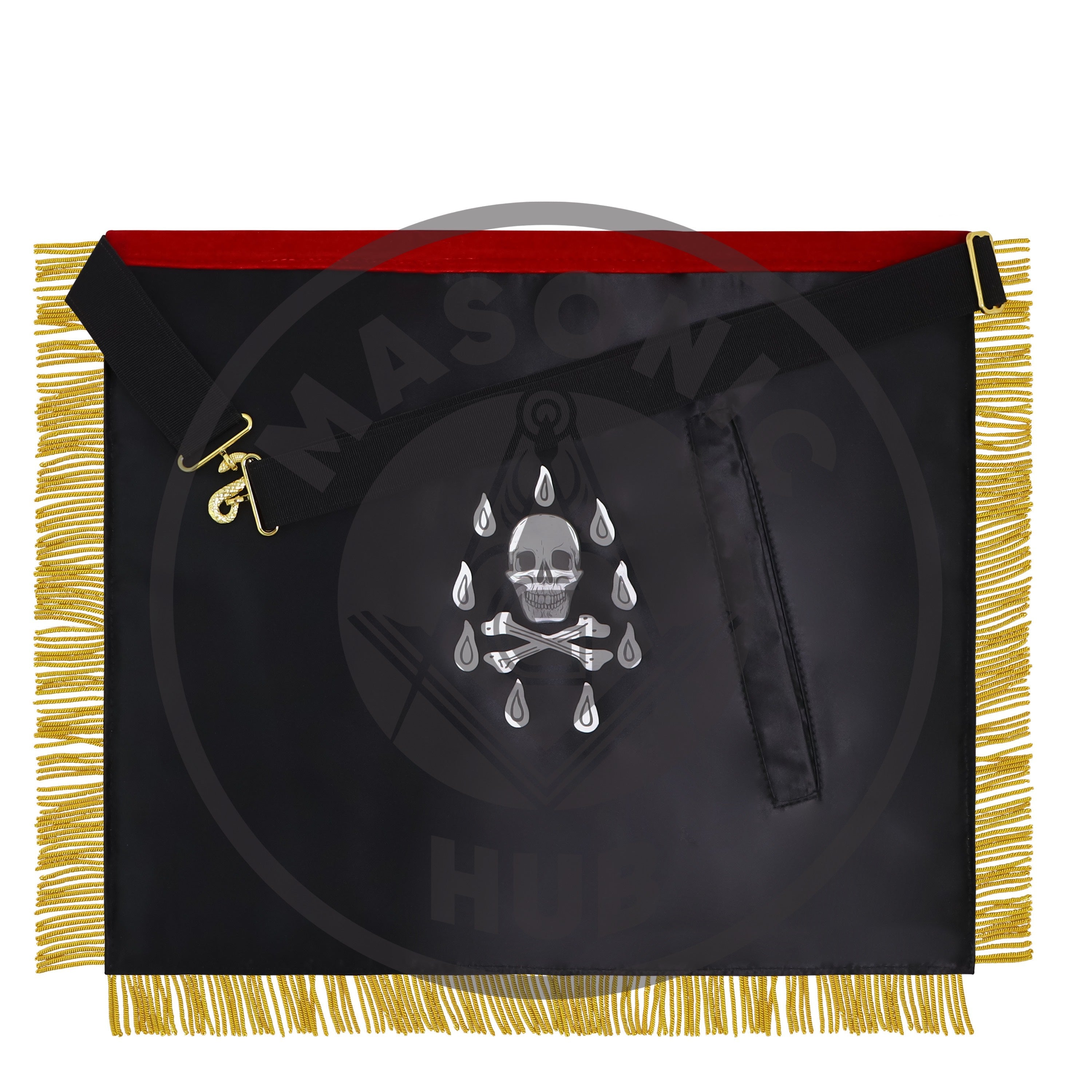 Past Master Scottish Rite Apron – Red Velvet with Gold Bullion Embroidery, Gold Tassel with Red Velvet Drops Skull Lining Masonic Hub