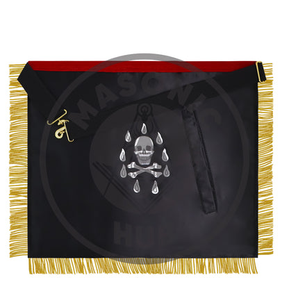 Past Master Scottish Rite Apron – Red Velvet with Gold Bullion Embroidery, Gold Tassel with Red Velvet Drops Skull Lining