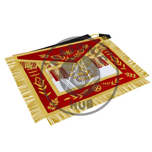 Master Mason Scottish Rite Apron – Red Velvet with Gold Bullion Embroidery, Gold Tassel with Red-White-Red Velvet Drops & Skull Lining | Masonic Hub Masonic Hub