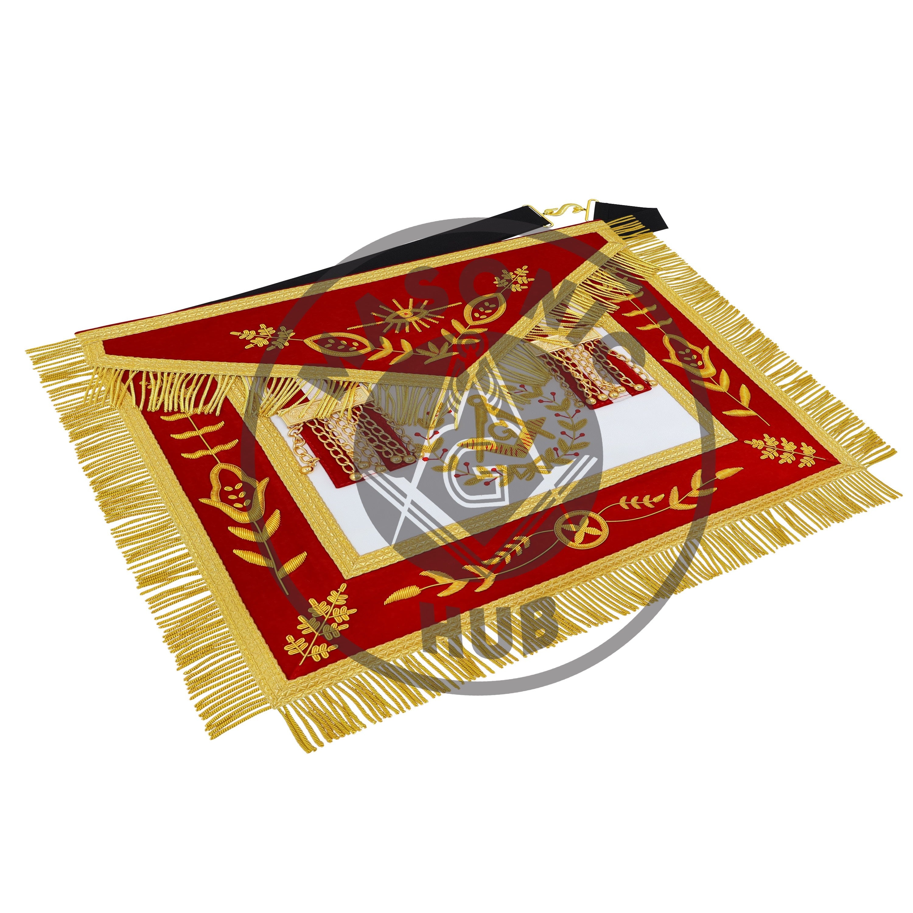 Master Mason Scottish Rite Apron – Red Velvet with Gold Bullion Embroidery, Gold Tassel with Red-White-Red Velvet Drops & Skull Lining | Masonic Hub Masonic Hub