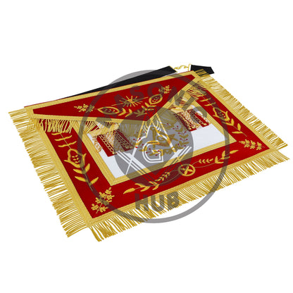 Master Mason Scottish Rite Apron – Red Velvet with Gold Bullion Embroidery, Gold Tassel with Red-White-Red Velvet Drops & Skull Lining | Masonic Hub