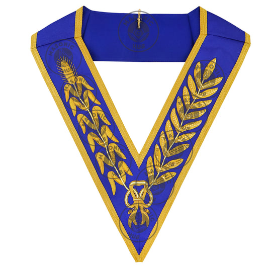 Masonic Grand Officer Full Dress Collar – Hand-Embroidered Gold Bullion on Royal Blue with Wheat and Laurel Design | Masonic Hub
