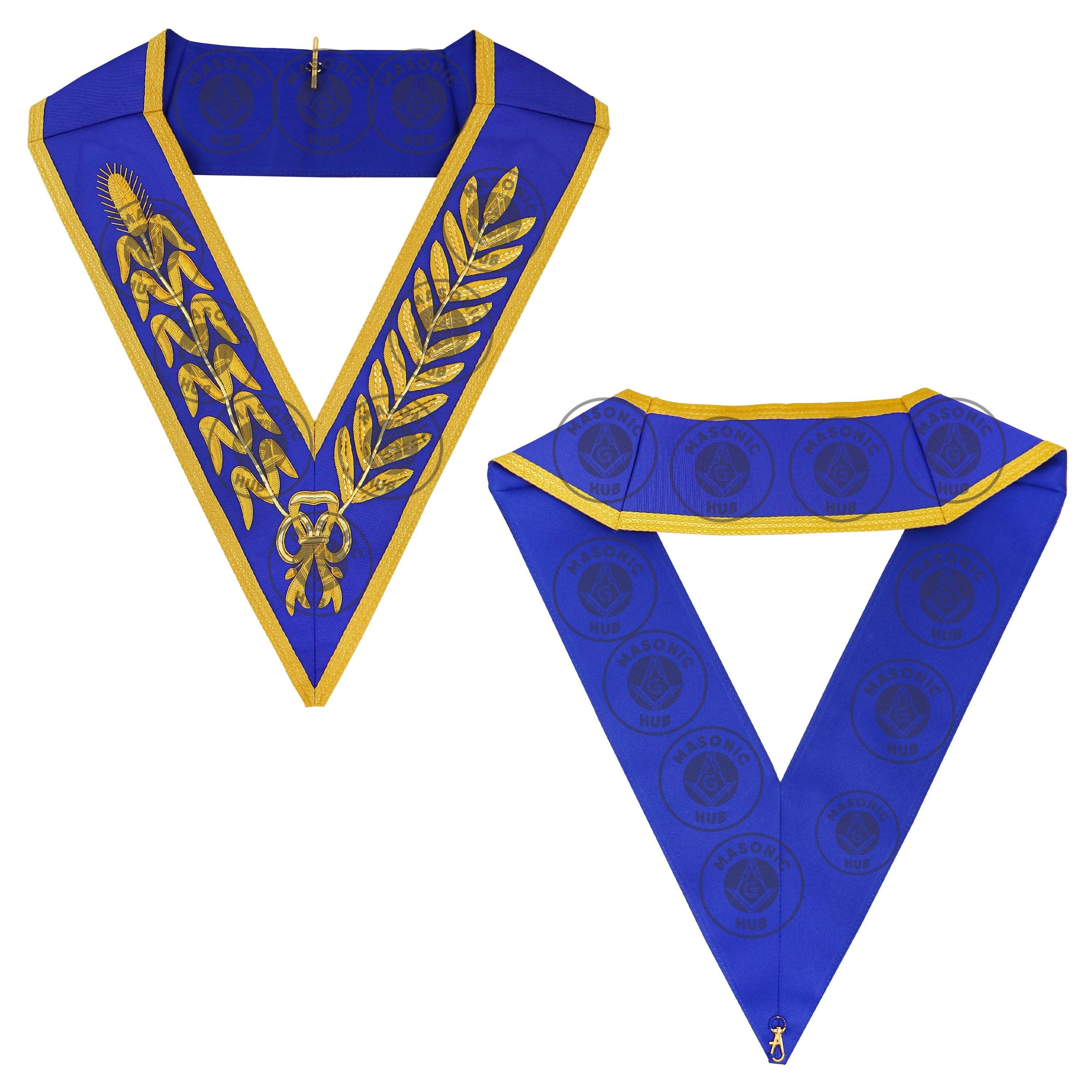 Masonic Grand Officer Full Dress Collar – Hand-Embroidered Gold Bullion on Royal Blue with Wheat and Laurel Design | Masonic Hub Masonic Hub