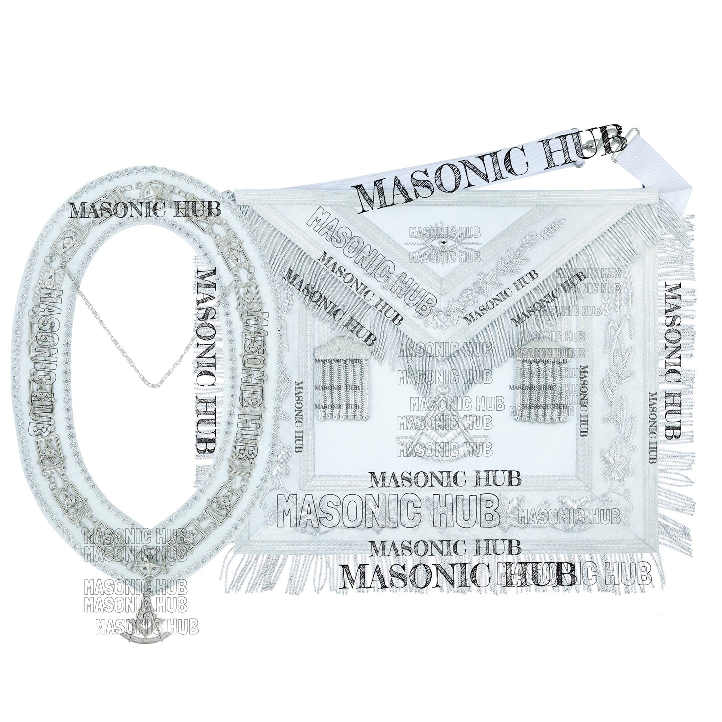 White Lambskin Masonic Past Master Apron Grapes & Veil Edge + Chain Collar Jewel