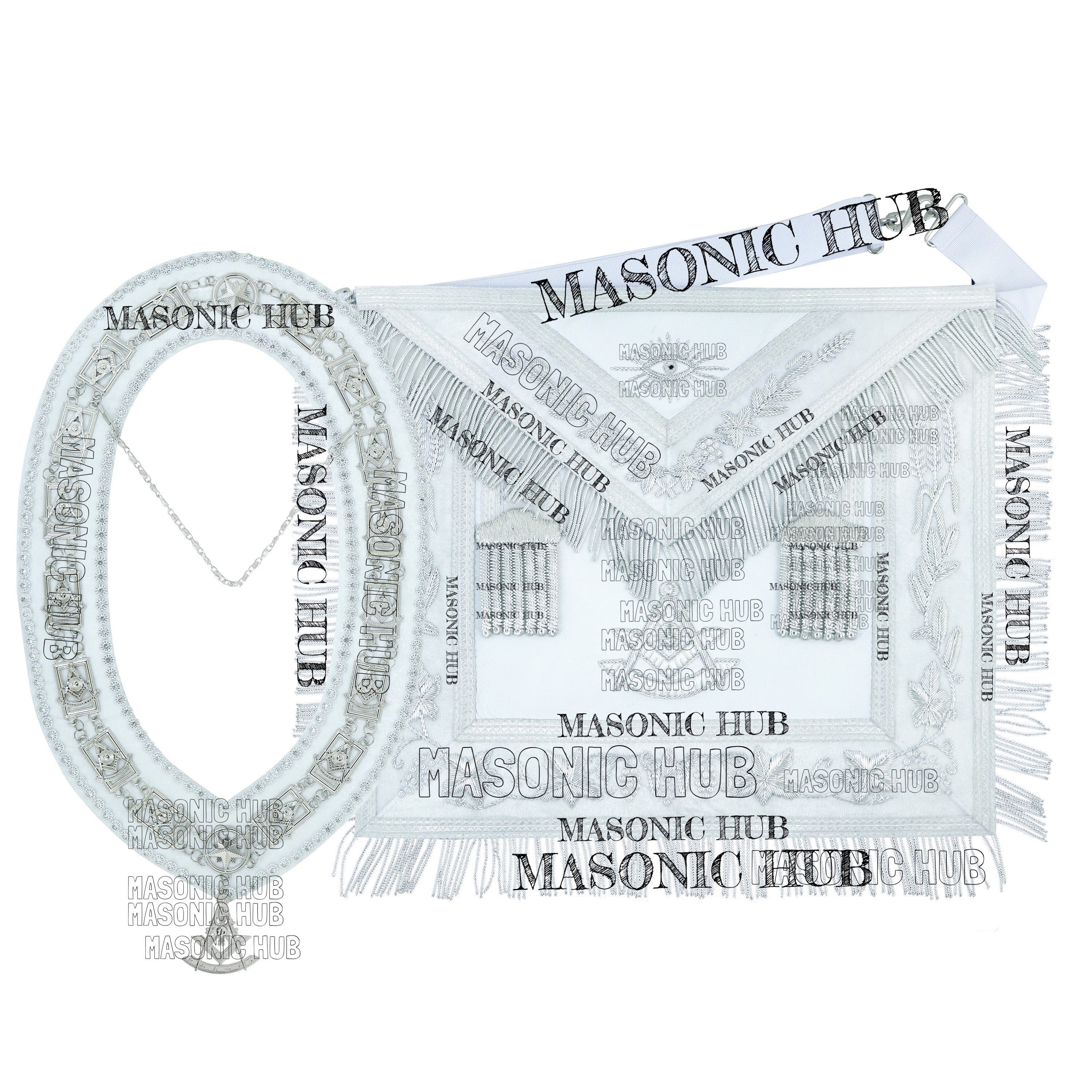 White Lambskin Masonic Past Master Apron Grapes & Veil Edge + Chain Collar Jewel