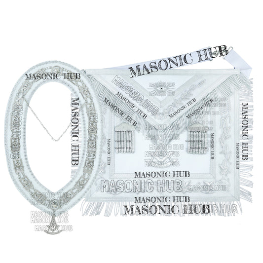 White Lambskin Masonic Past Master Apron Grapes & Veil Edge + Chain Collar Jewel