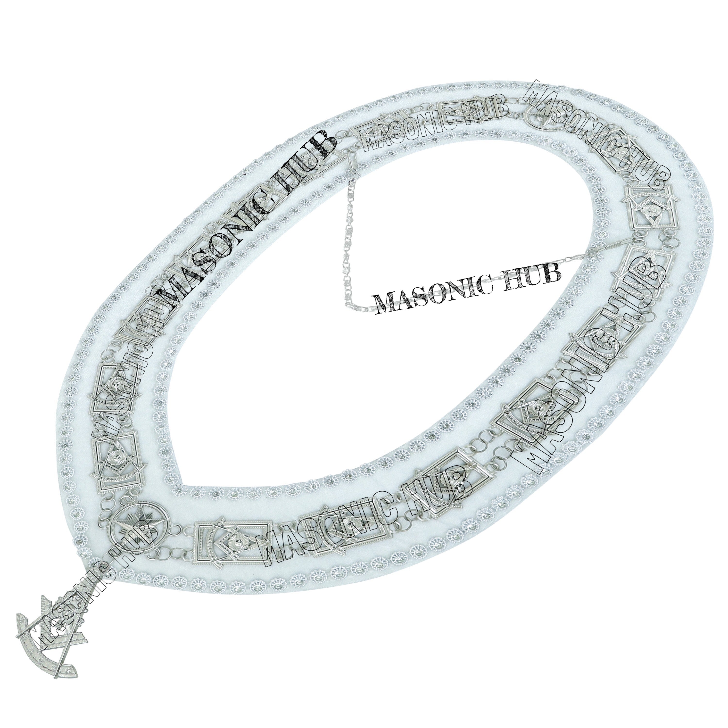 Masonic Past Master Metal Chain Collar White Backing With Rhinestones + Free Jewe Masonic Hub