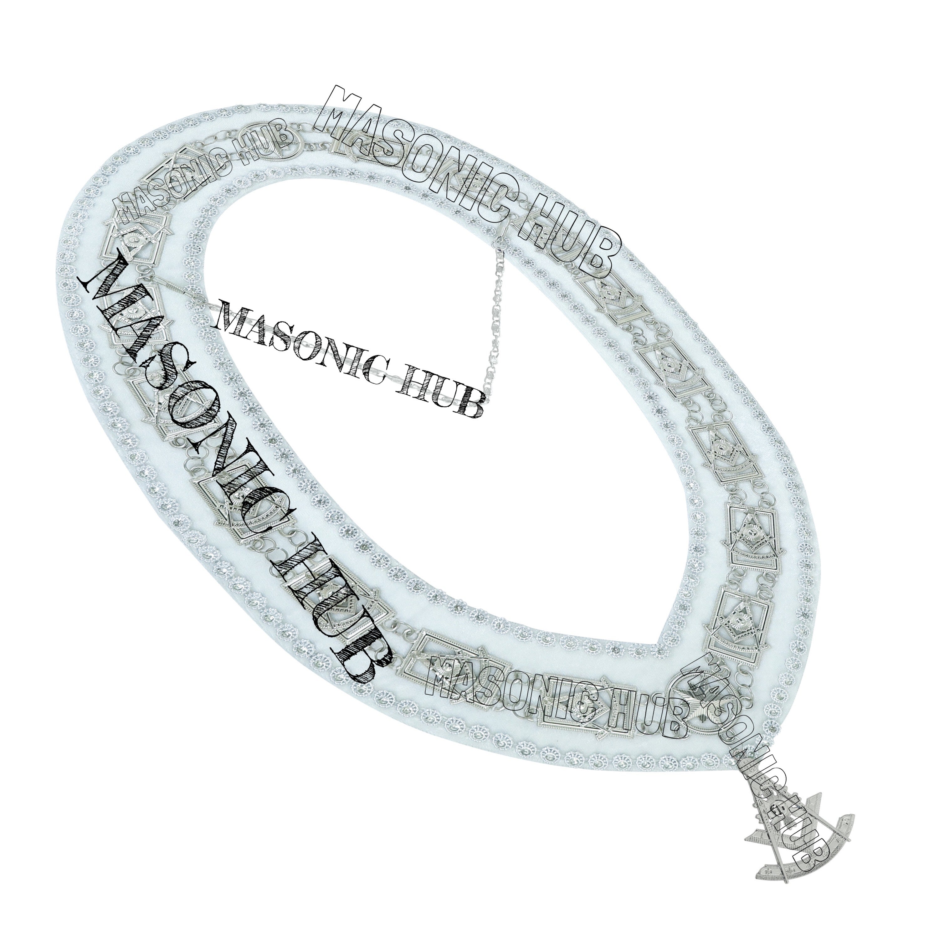Masonic Past Master Metal Chain Collar White Backing With Rhinestones + Free Jewe Masonic Hub