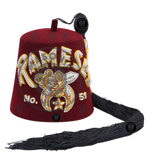 Custom Shriner Fez Hat with Rhinestone Embroidery, Bullion Underlay - Handcrafted Masonic Regalia, Freemason Fez in All Colors & Sizes