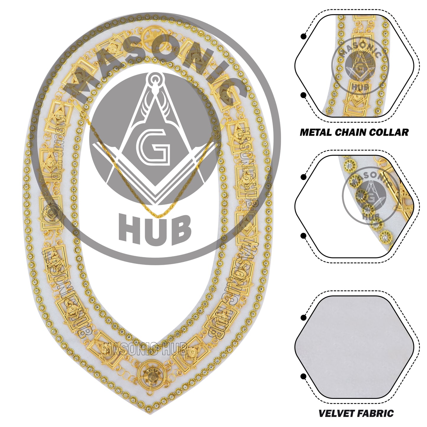 Masonic Past Master Chain Collar White Velvet w/ Rhinestone Edges