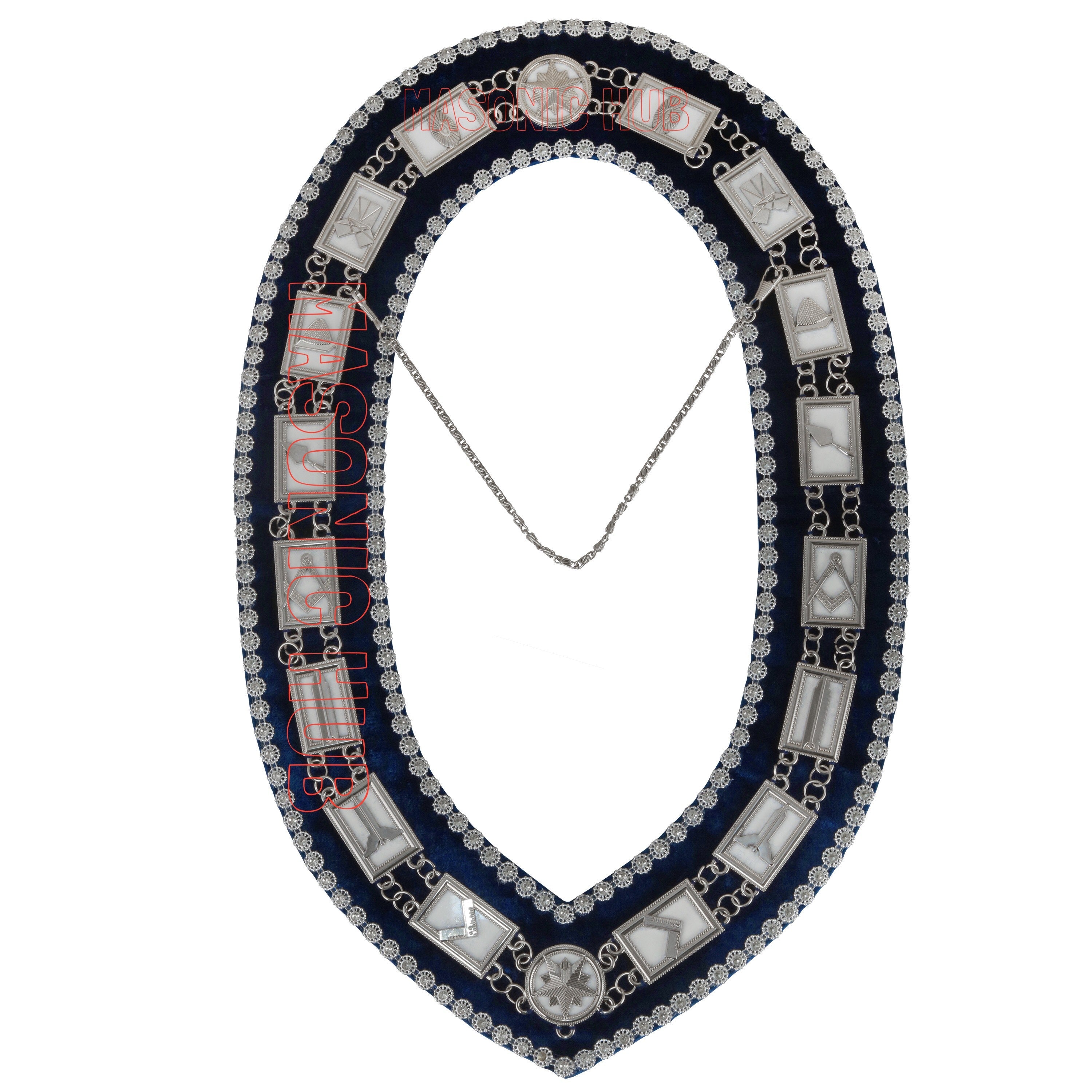 Masonic Blue Lodge Working Tools Blue Backing Chain Collar with Rhinestone Masonic Hub