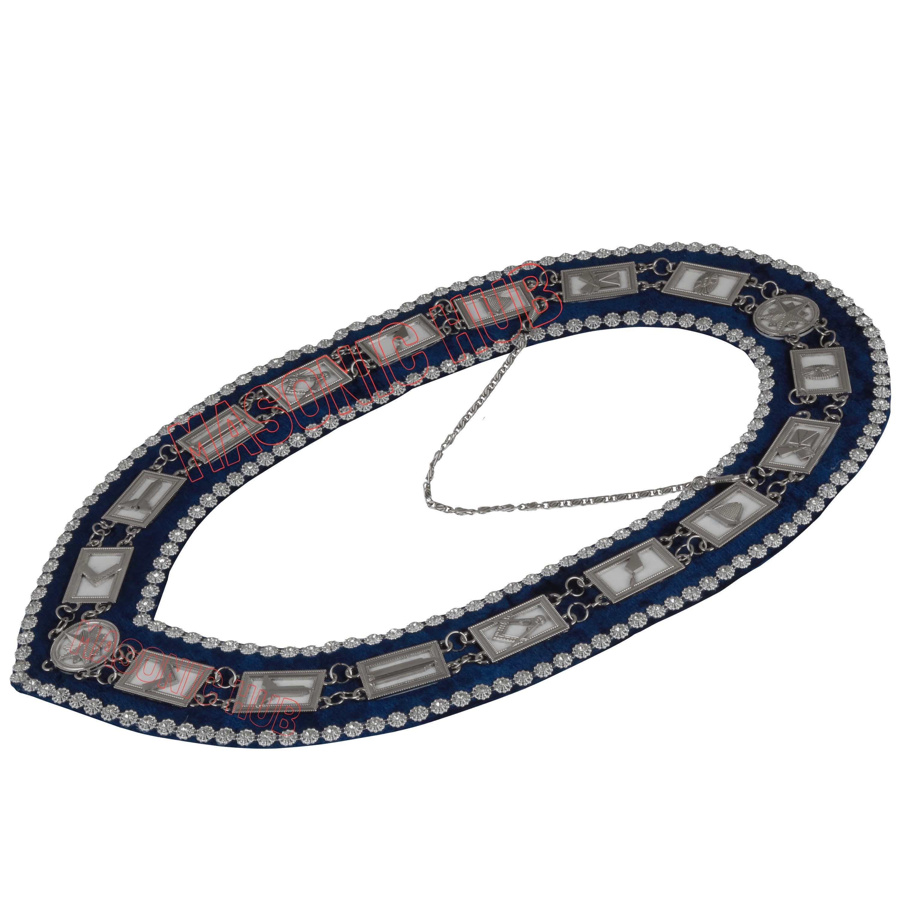 Masonic Blue Lodge Working Tools Blue Backing Chain Collar with Rhinestone Masonic Hub