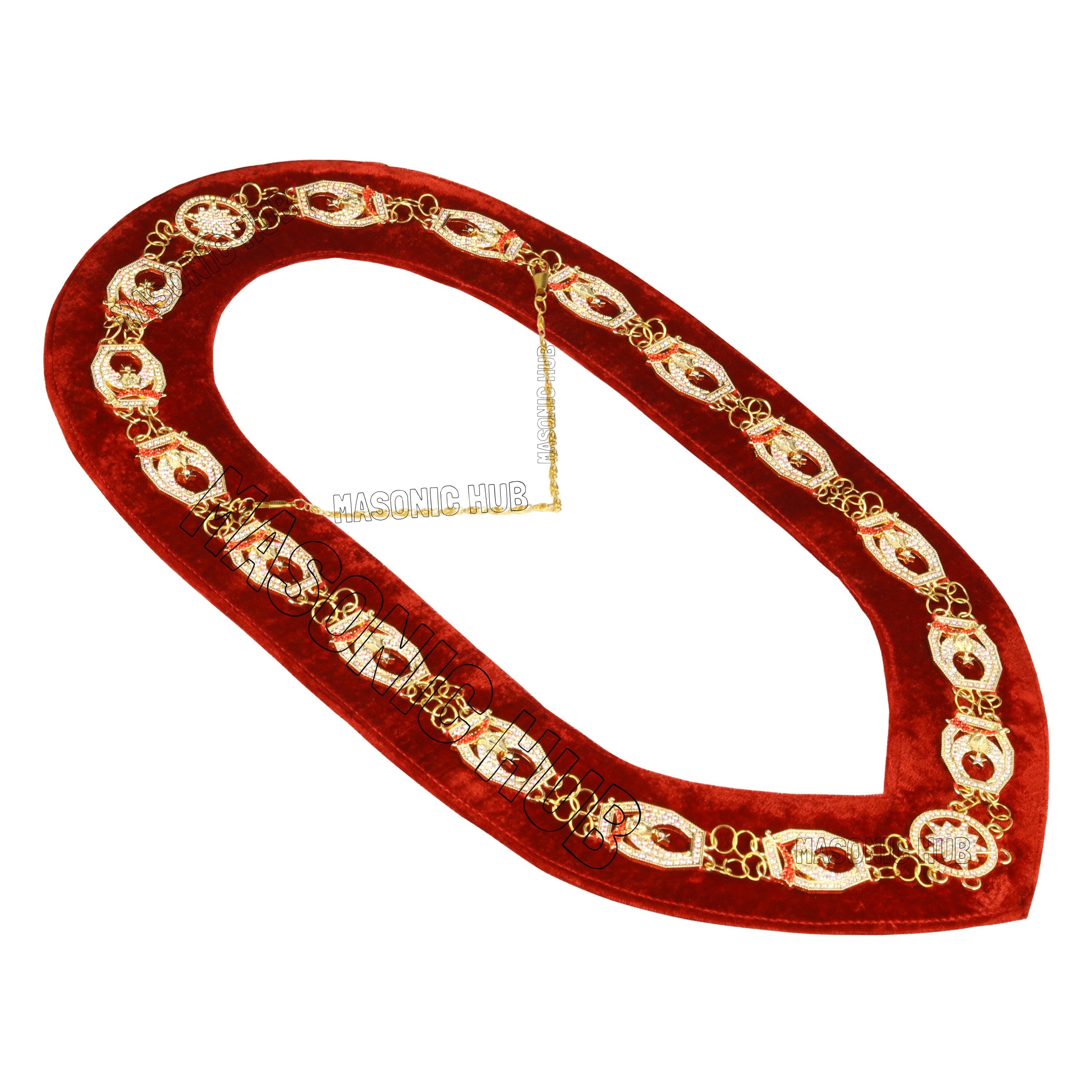Masonic Regalia Rhinestones Jewels Shriner Chain Collar With Red Backing Masonic Hub