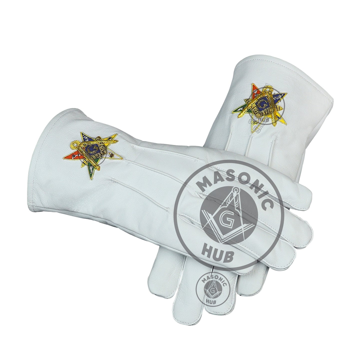 Order of the Eastern Star OES White Leather Gloves – Hand-Embroidered Gold Bullion