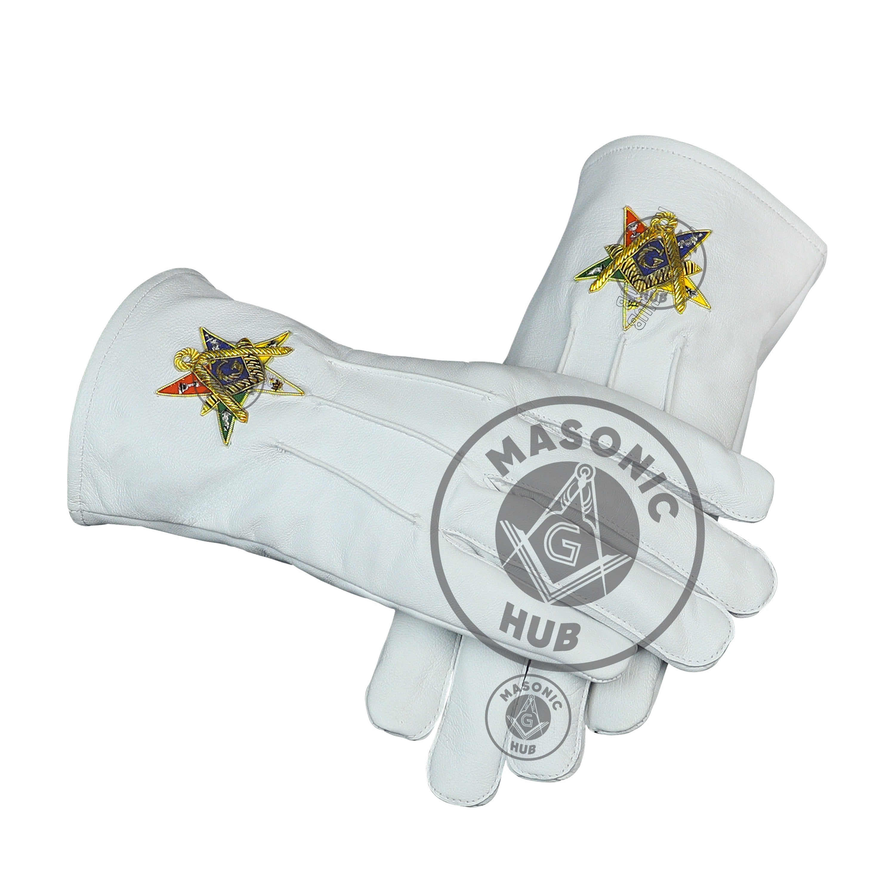Order of the Eastern Star OES White Leather Gloves – Hand-Embroidered Gold Bullion