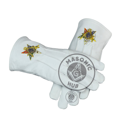 Order of the Eastern Star OES White Leather Gloves – Hand-Embroidered Gold Bullion