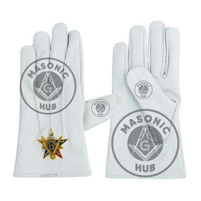 Order of the Eastern Star OES White Leather Gloves – Hand-Embroidered Gold Bullion