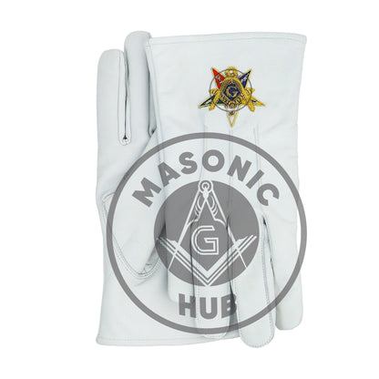 Order of the Eastern Star OES White Leather Gloves – Hand-Embroidered Gold Bullion