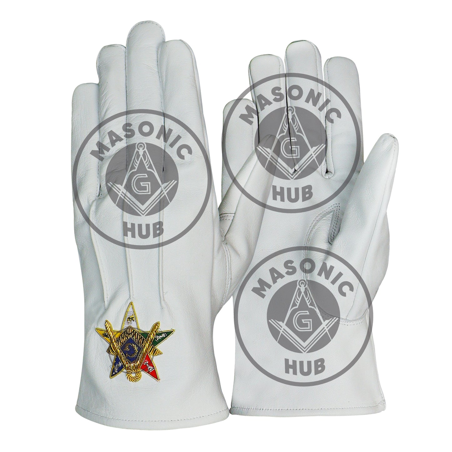 Order of the Eastern Star OES White Leather Gloves – Hand-Embroidered Gold Bullion