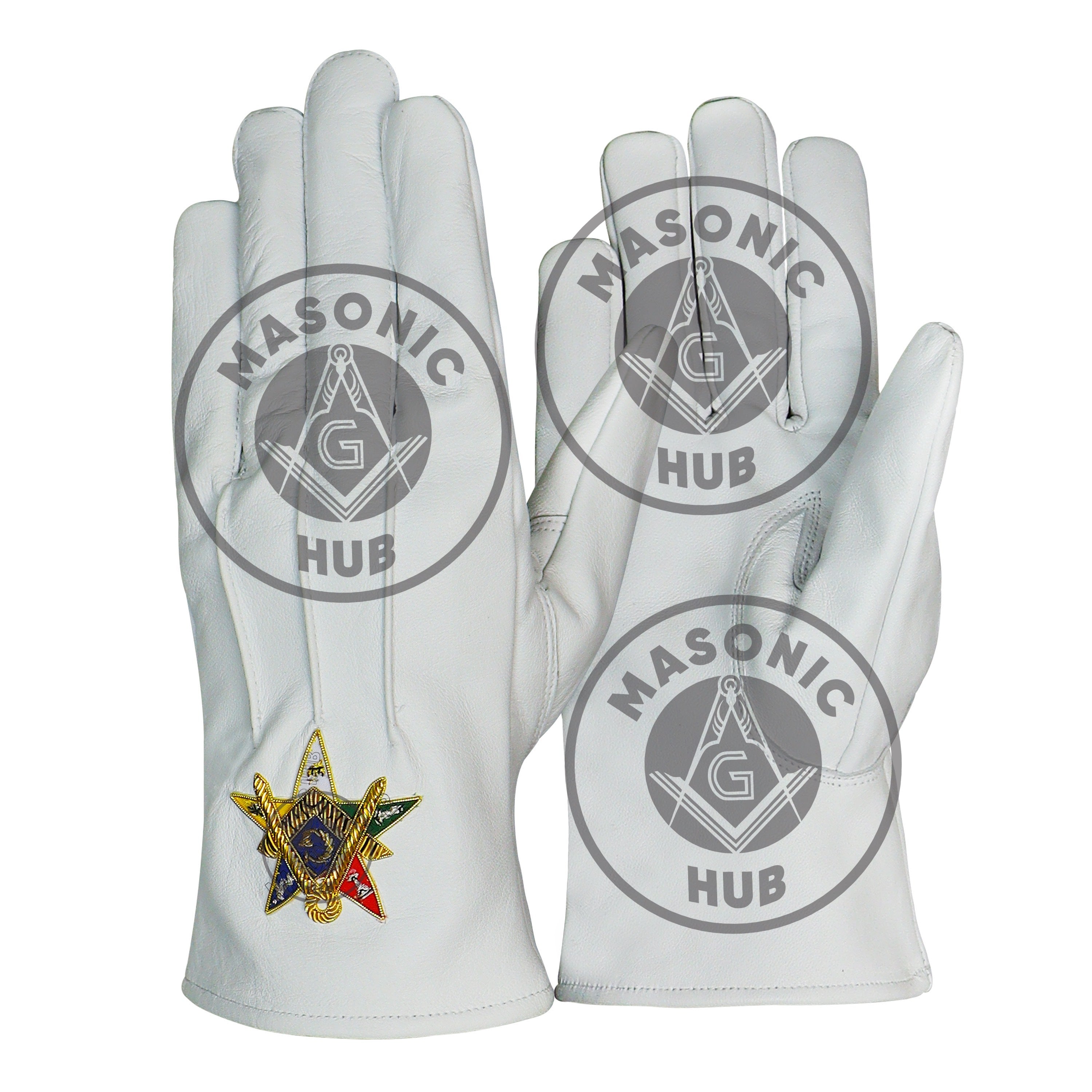 Order of the Eastern Star OES White Leather Gloves – Hand-Embroidered Gold Bullion