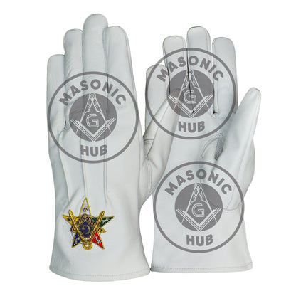Order of the Eastern Star OES White Leather Gloves – Hand-Embroidered Gold Bullion