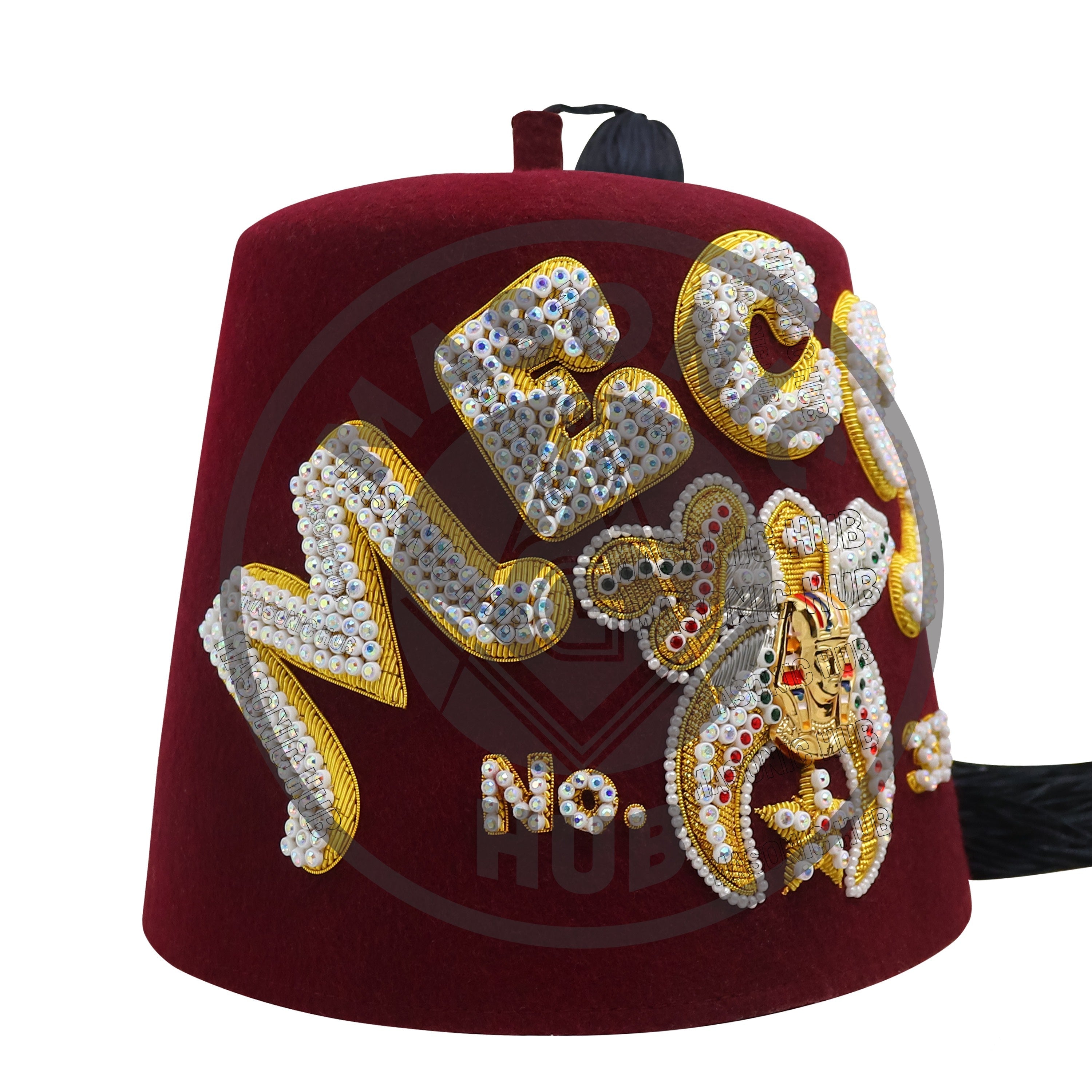 Custom Shriner Fez Hat with Rhinestone Embroidery, Bullion Underlay - Handcrafted Masonic Regalia, Freemason Fez in All Colors & Sizes Masonic Hub