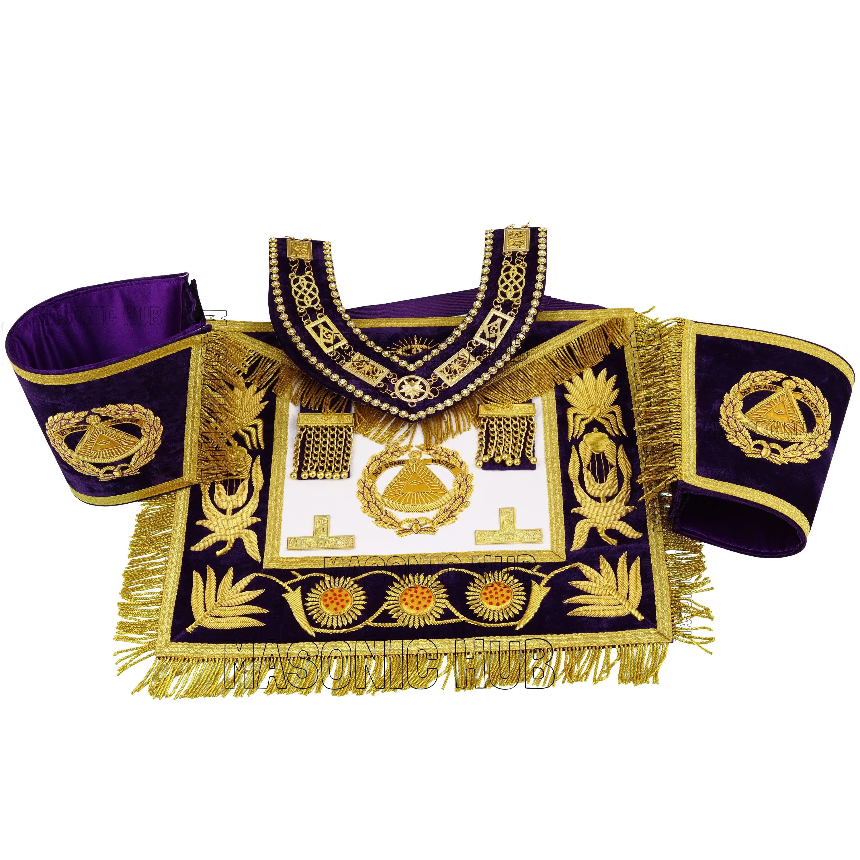 Masonic Regalia Deputy Grand Master 100% Lambskin Apron with Chain Collar &amp; Cuffs Masonic Hub