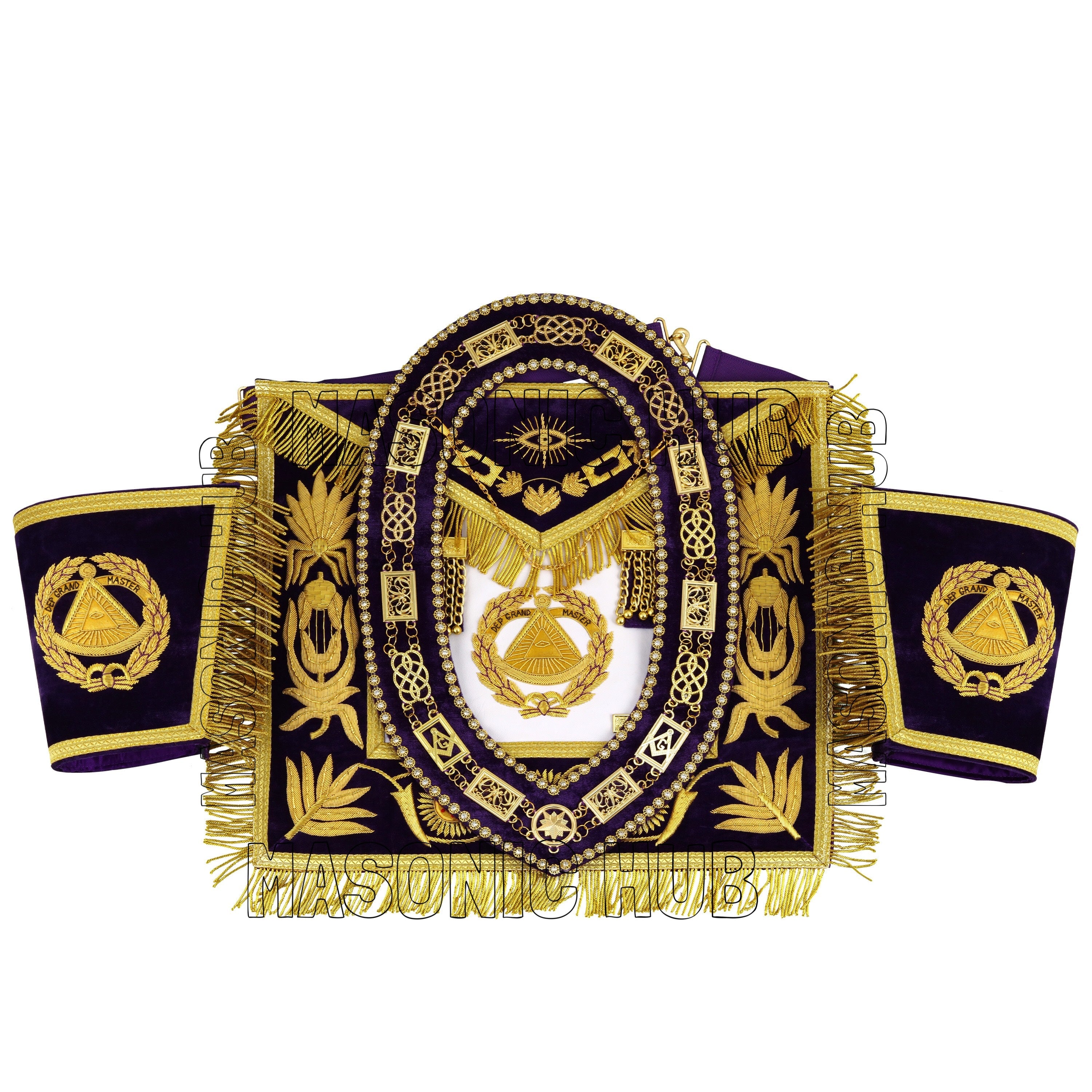 Masonic Regalia Deputy Grand Master 100% Lambskin Apron with Chain Collar &amp; Cuffs Masonic Hub