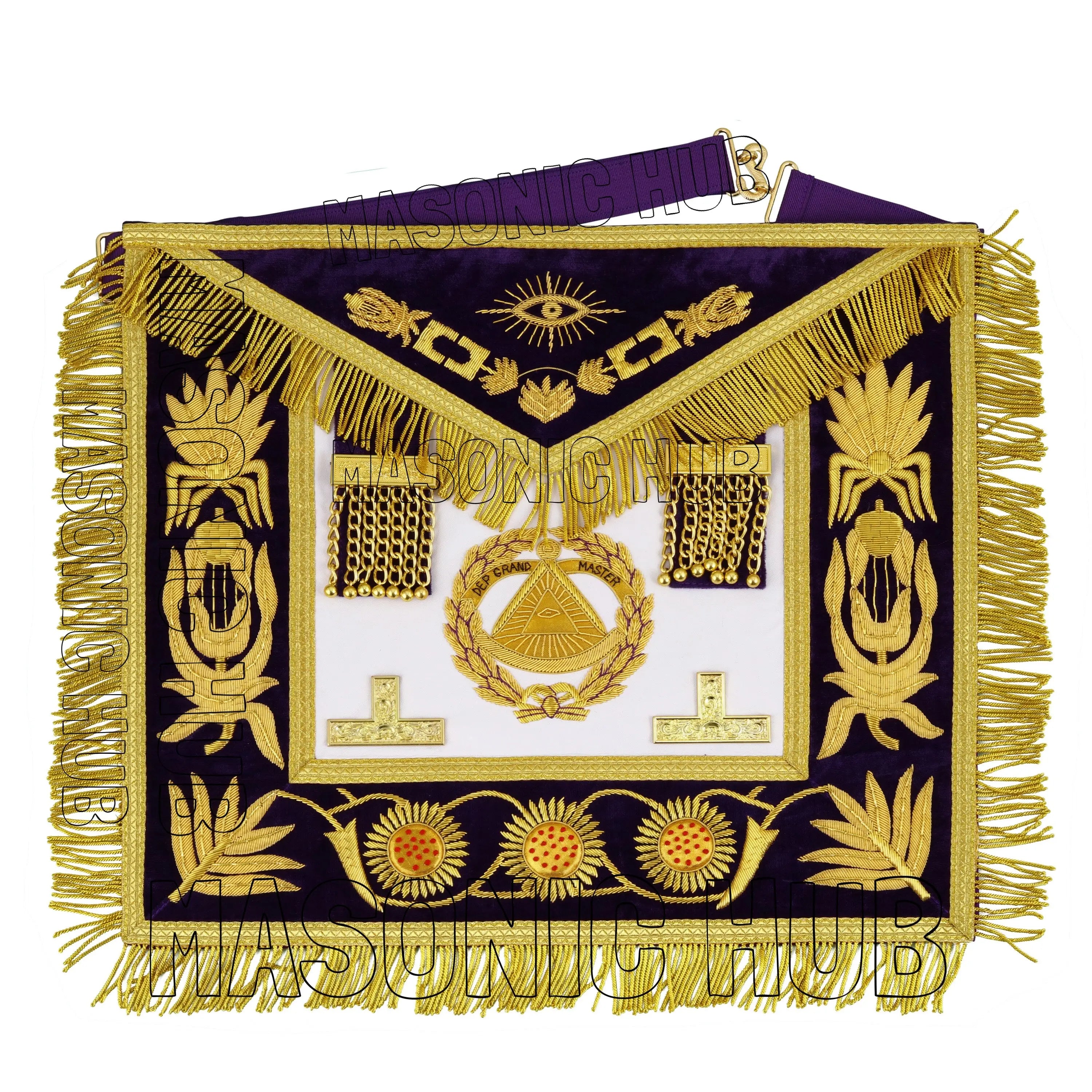 Masonic Regalia Deputy Grand Master 100% Lambskin Apron with Chain Collar &amp; Cuffs Masonic Hub