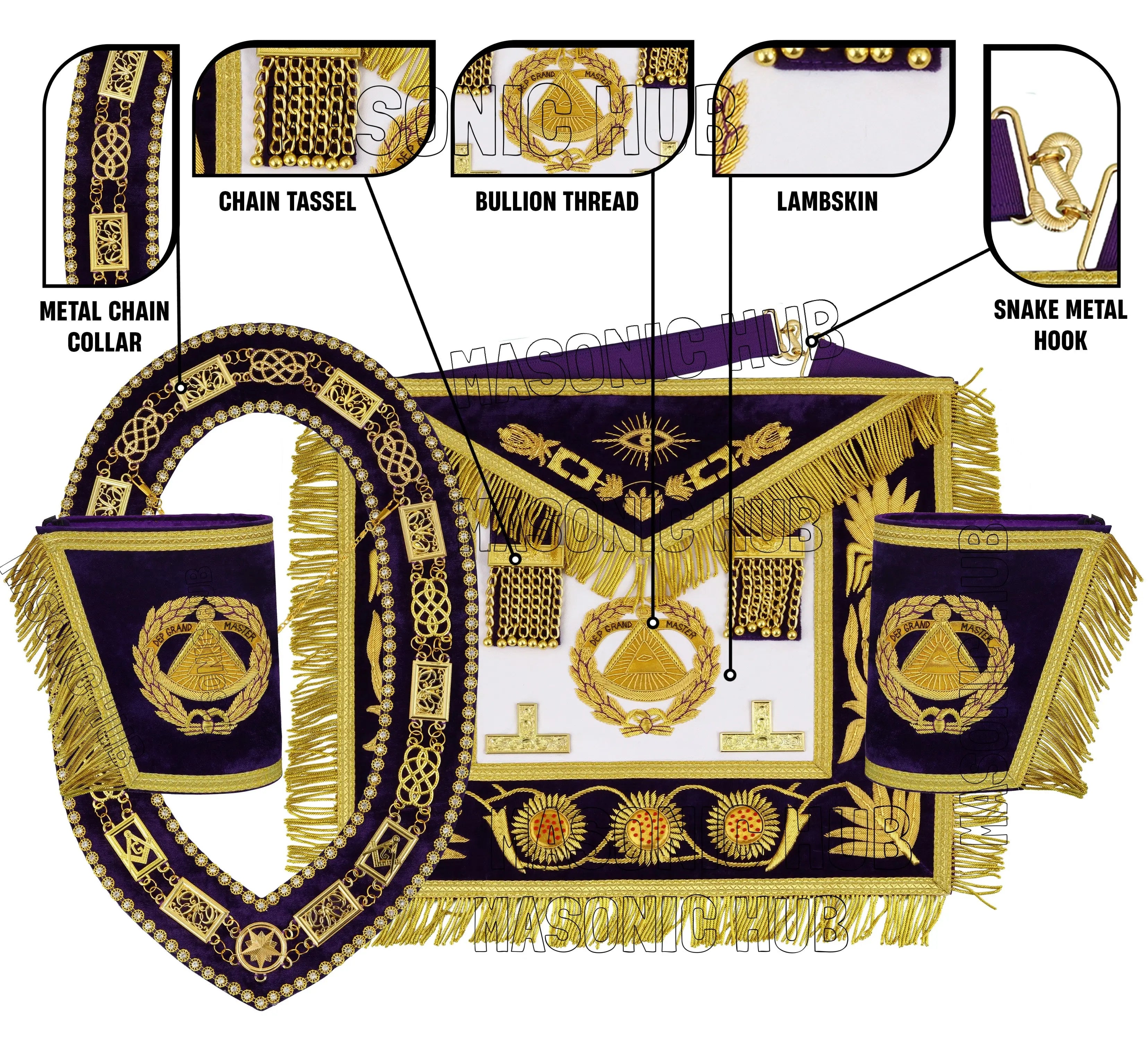 Masonic Regalia Deputy Grand Master 100% Lambskin Apron with Chain Collar &amp; Cuffs Masonic Hub