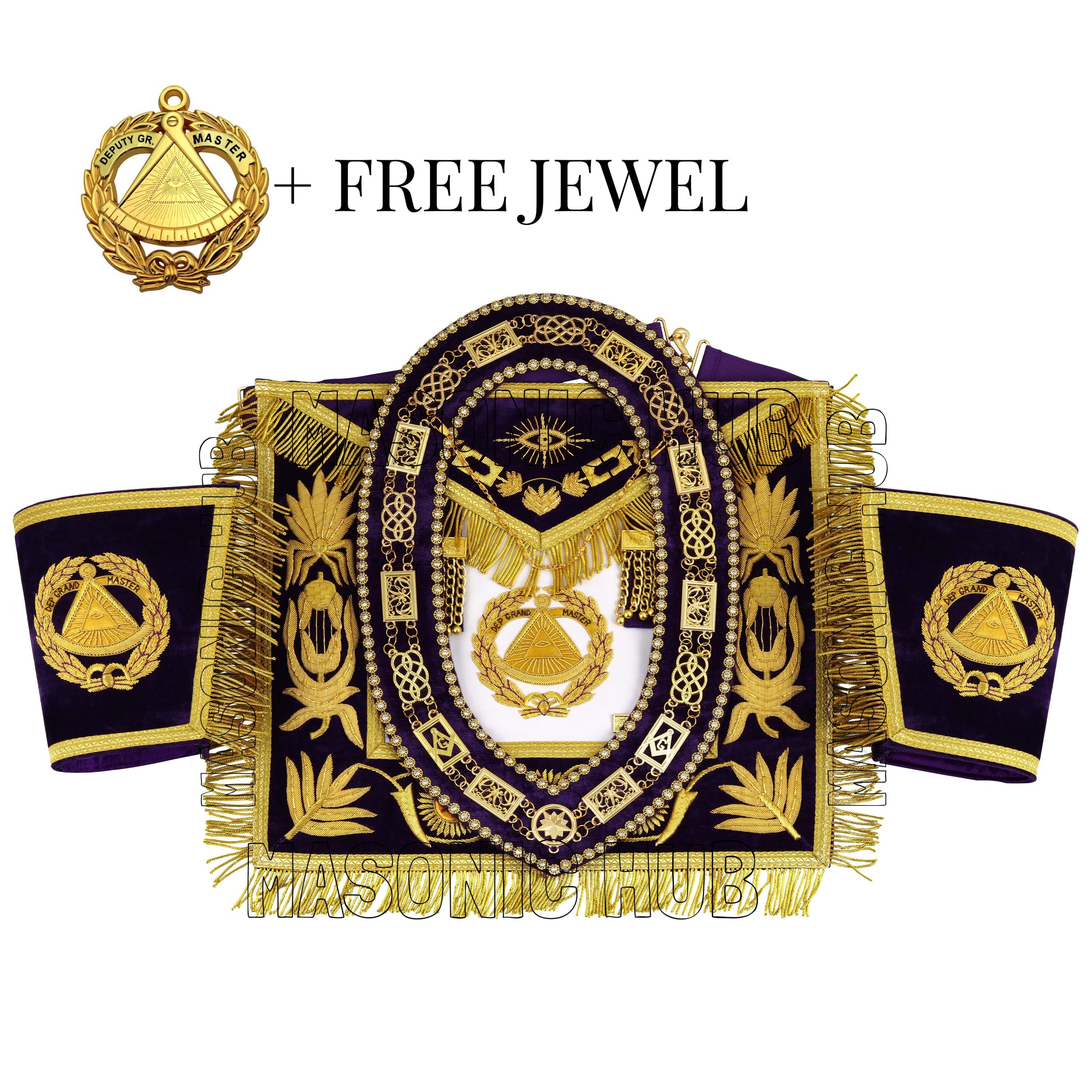 Masonic Regalia Deputy Grand Master 100% Lambskin Apron with Chain Collar &amp; Cuffs Masonic Hub