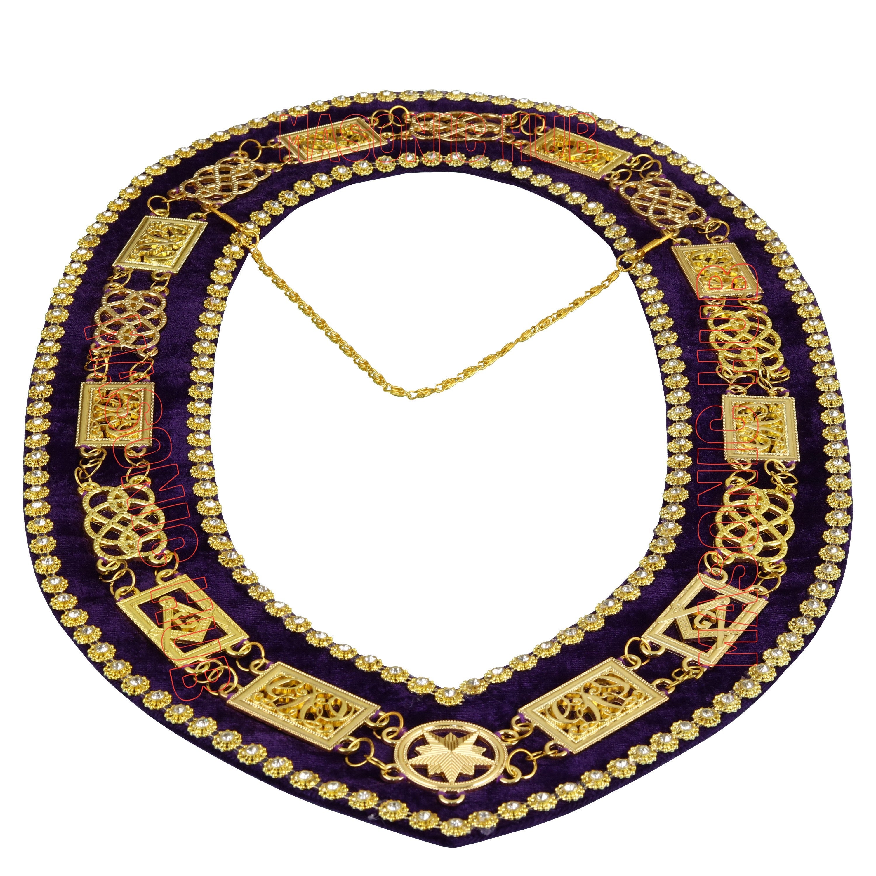 Masonic Grand Lodge Rhinestone Chain Collar – Gold Plated with Purple Velvet Backing Masonic Hub