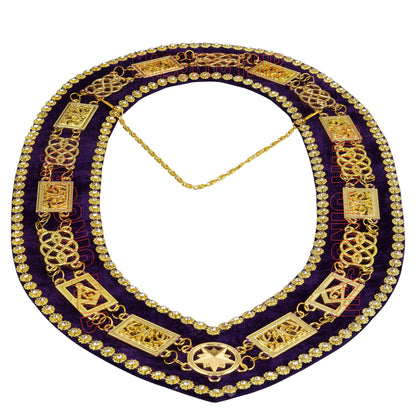 Masonic Grand Lodge Rhinestone Chain Collar – Gold Plated with Purple Velvet Backing