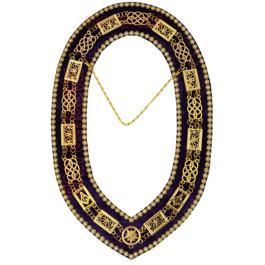 Masonic Grand Lodge Rhinestone Chain Collar – Gold Plated with Purple Velvet Backing
