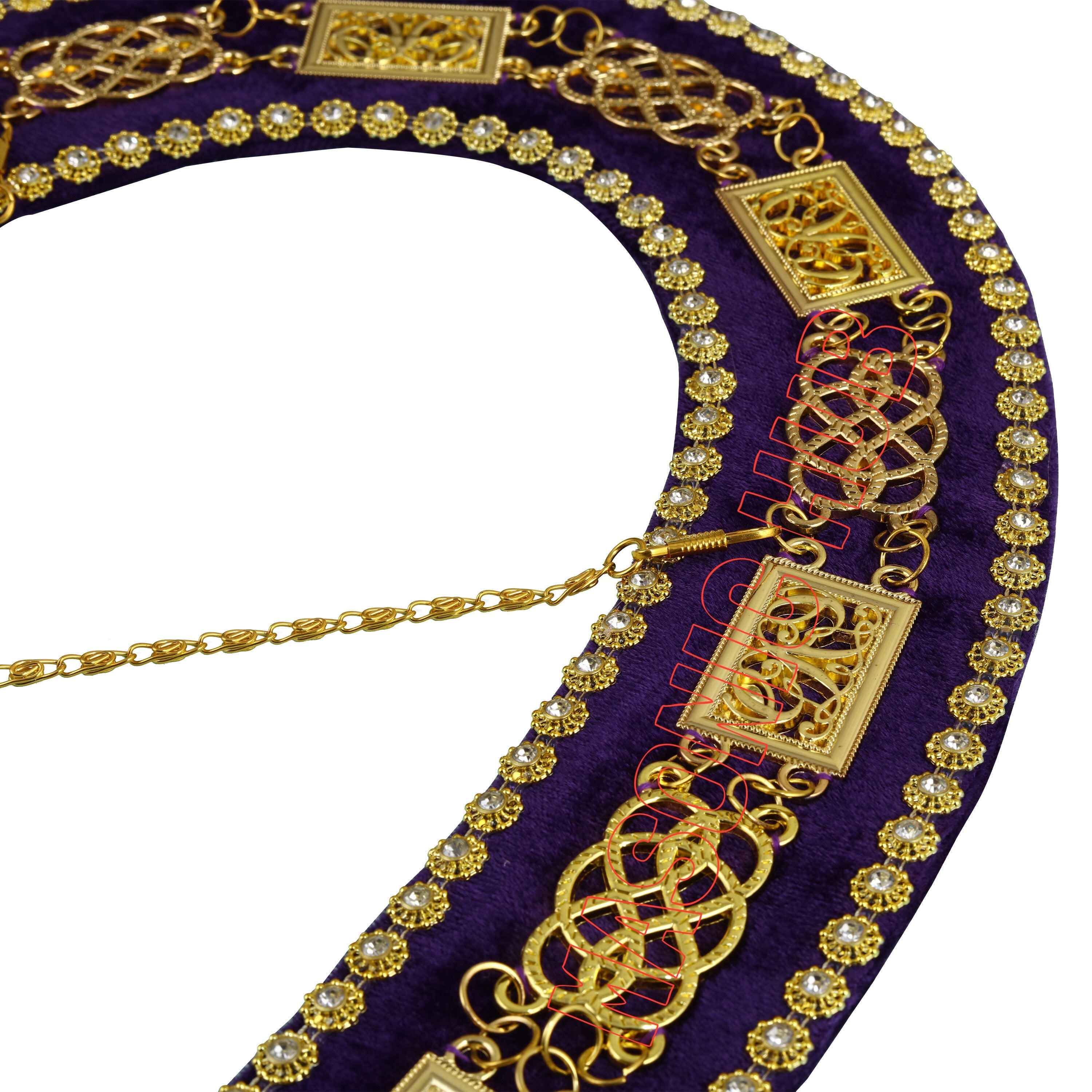 Masonic Grand Lodge Rhinestone Chain Collar – Gold Plated with Purple Velvet Backing Masonic Hub