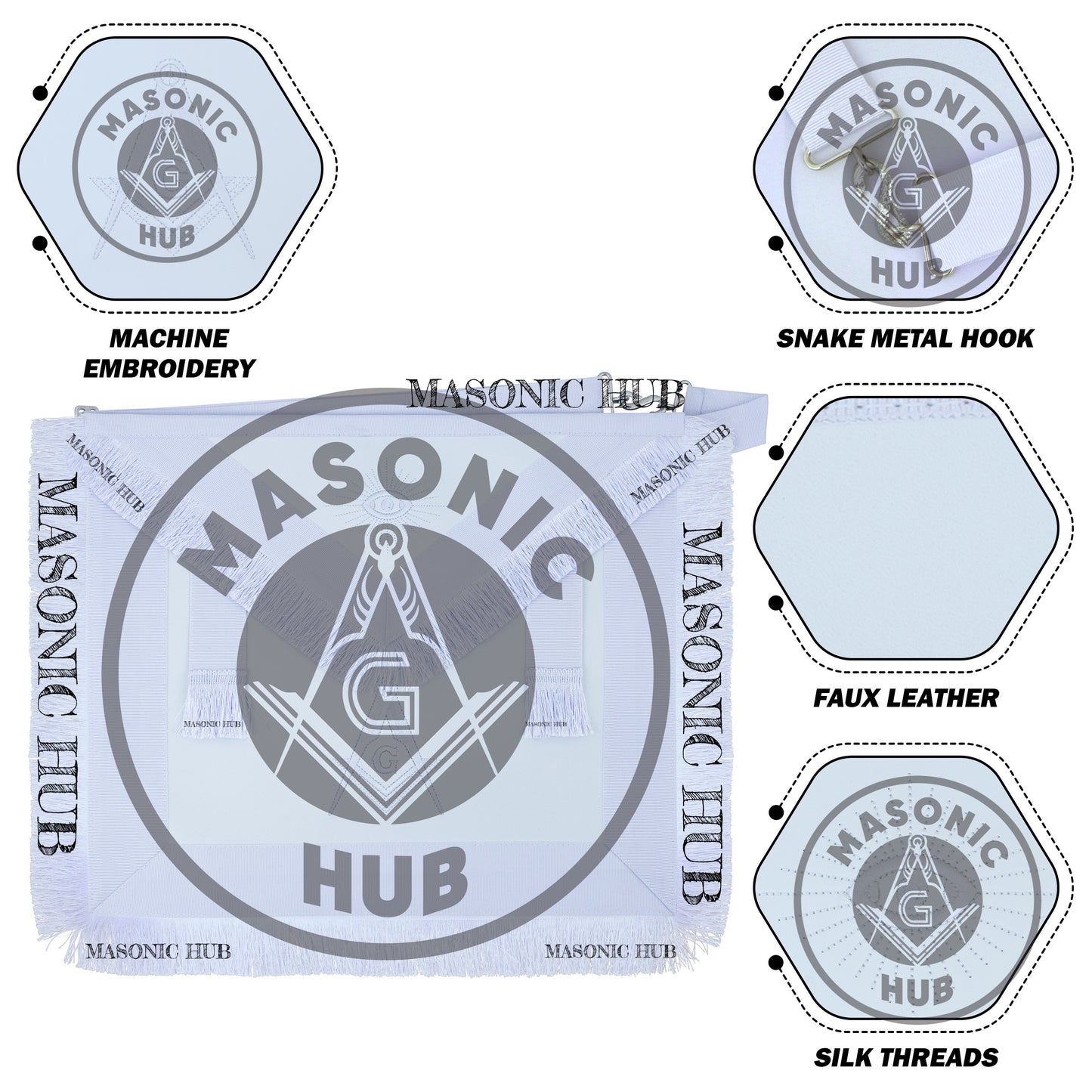 Masonic Master Mason Blue Lodge Apron – Machine Embroidered Square Compass G with White Fringes On Premium Faux Leather