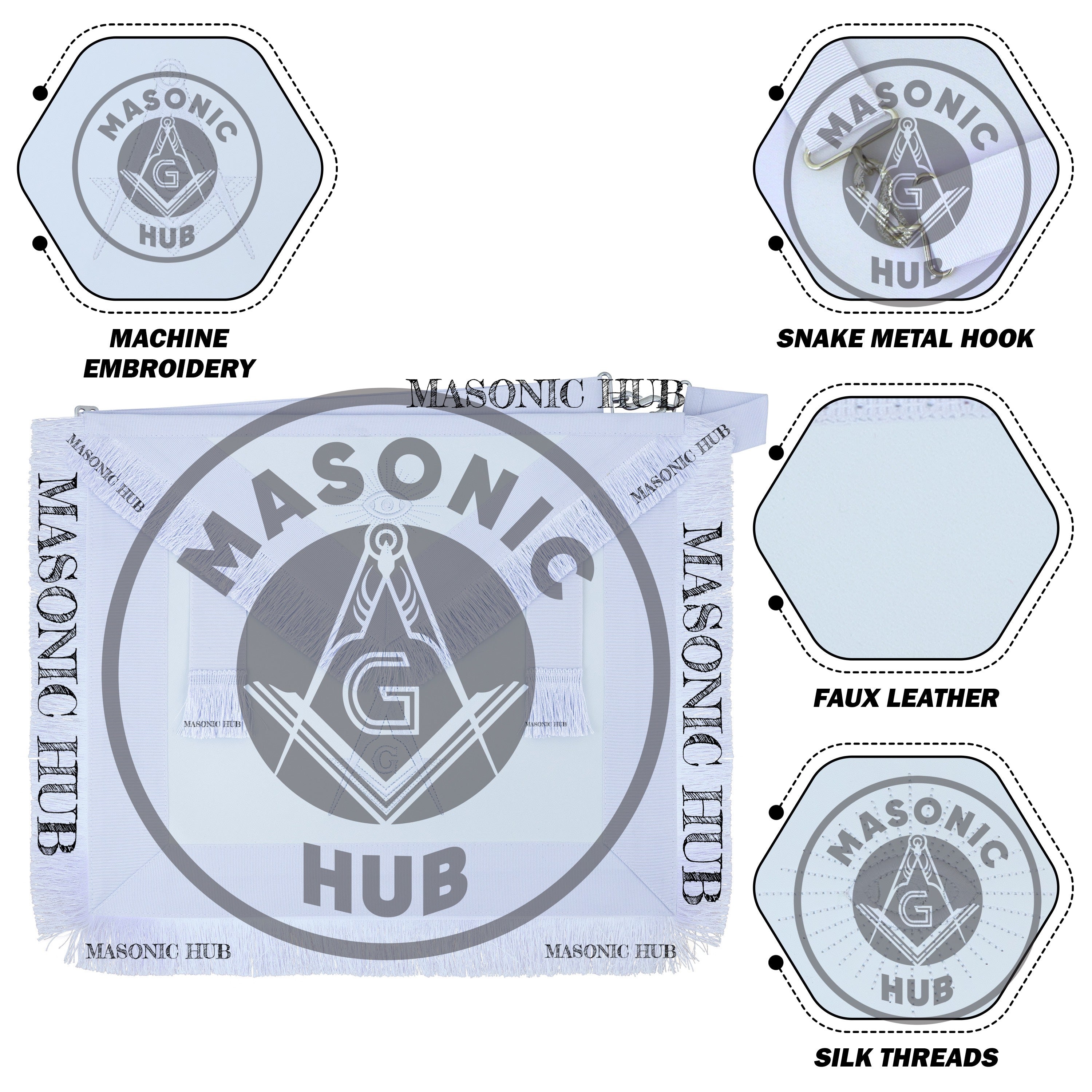 Masonic Master Mason Blue Lodge Apron – Machine Embroidered Square Compass G with White Fringes On Premium Faux Leather Masonic Hub
