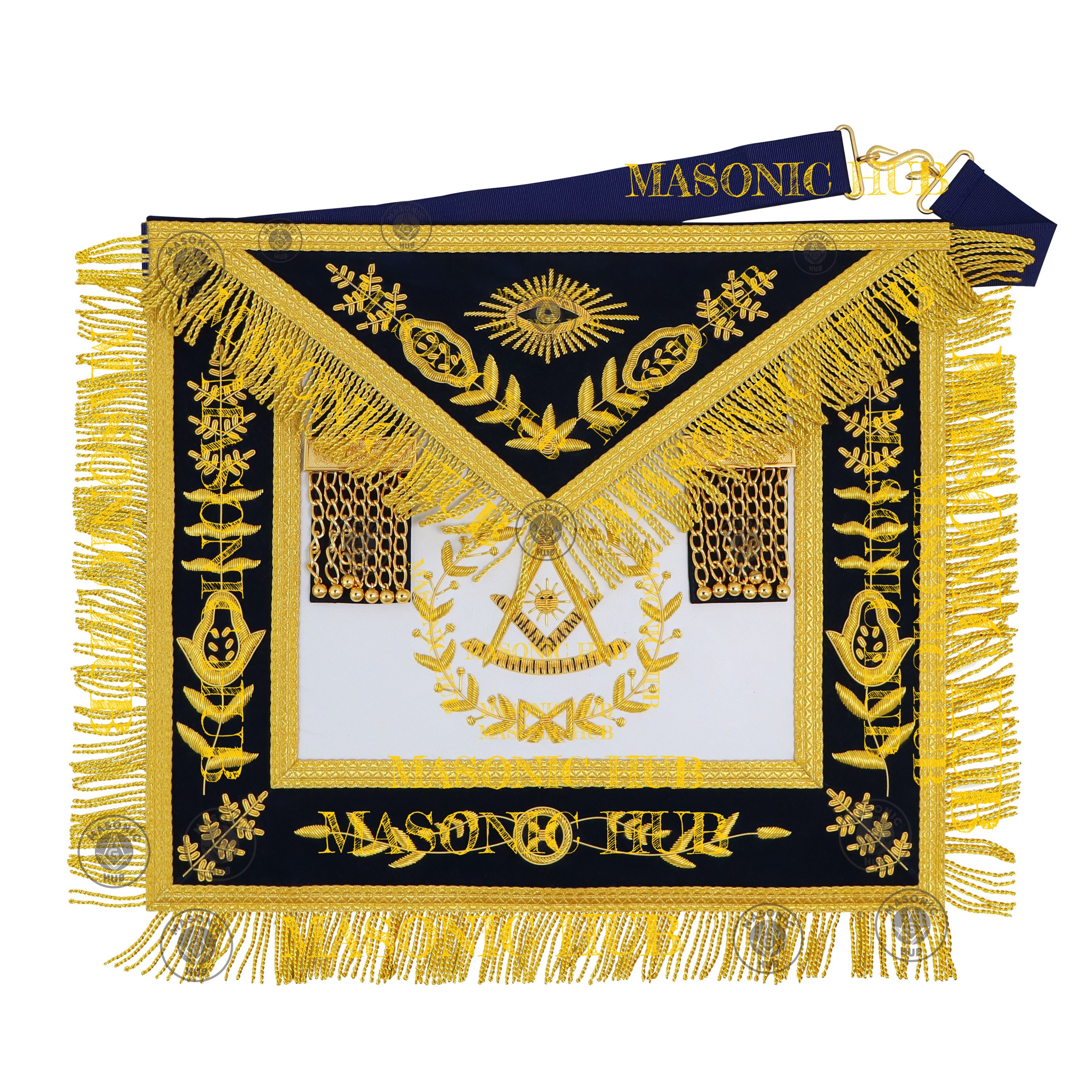 Past Master Masonic Apron – Lambskin with Gold Bullion Embroidery – Navy Blue Velvet & Mylar Fringe – Handmade Freemason Regalia